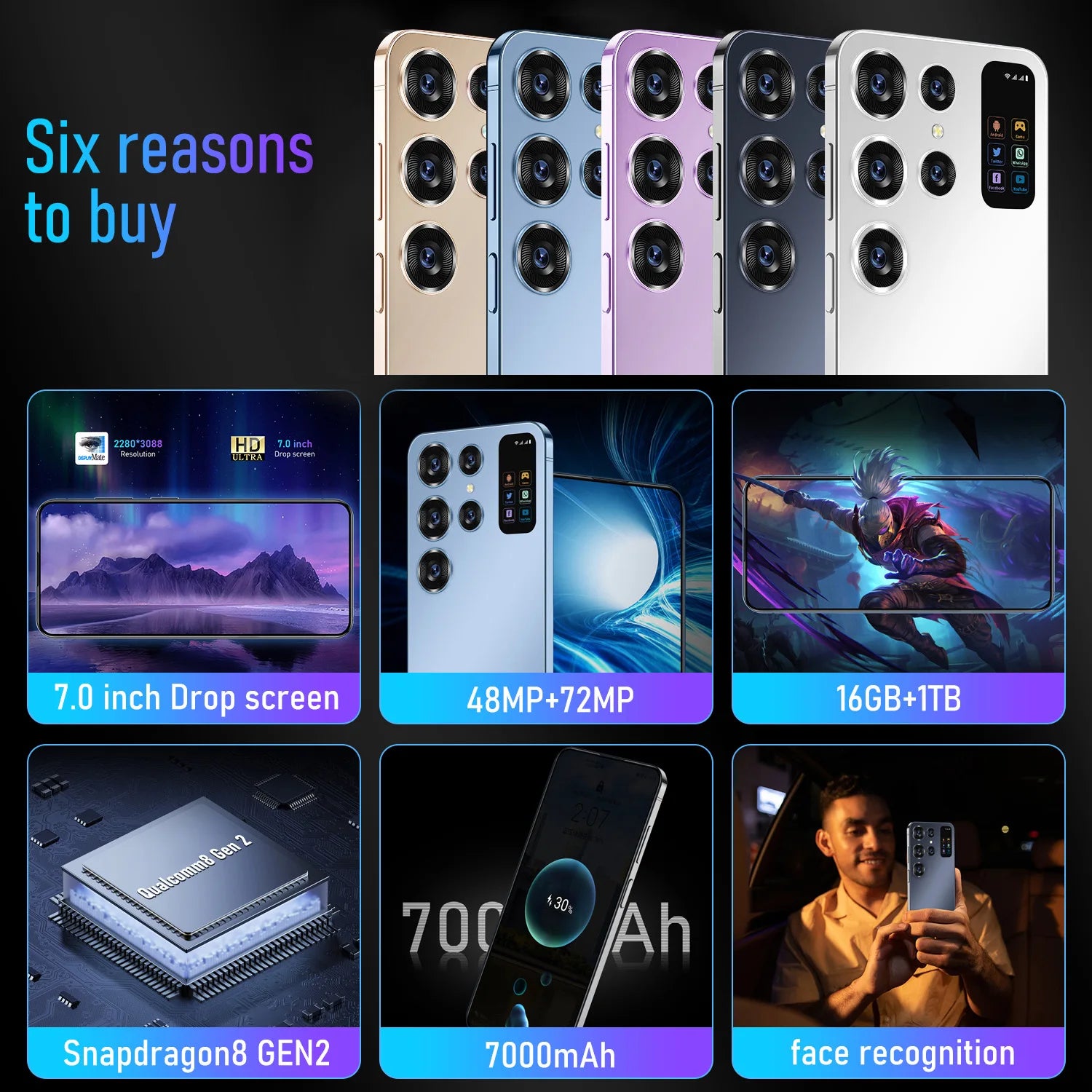 2025 New Arrival S24 Ultra Smart Phone 7 Inch Mobile Phones 16+1TB Unlock S-Pen 5G WIFI Gaming Android HD LCD 65W - Tidesmit