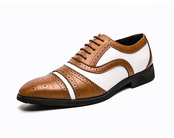 Men's New Pointed Head Double Color Block Carved Leather Shoes Anti-slip Wear-resistant Breathable Office Wedding Dress Shoes