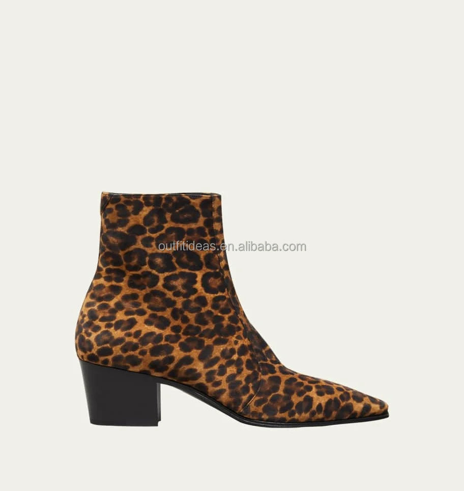 Pointed Toe Size 14 Unisex Women Men Dress Shoes Block Cuban Heel Leopard Suede Chelsea Boots Ankle High Leather Chelsea Boots