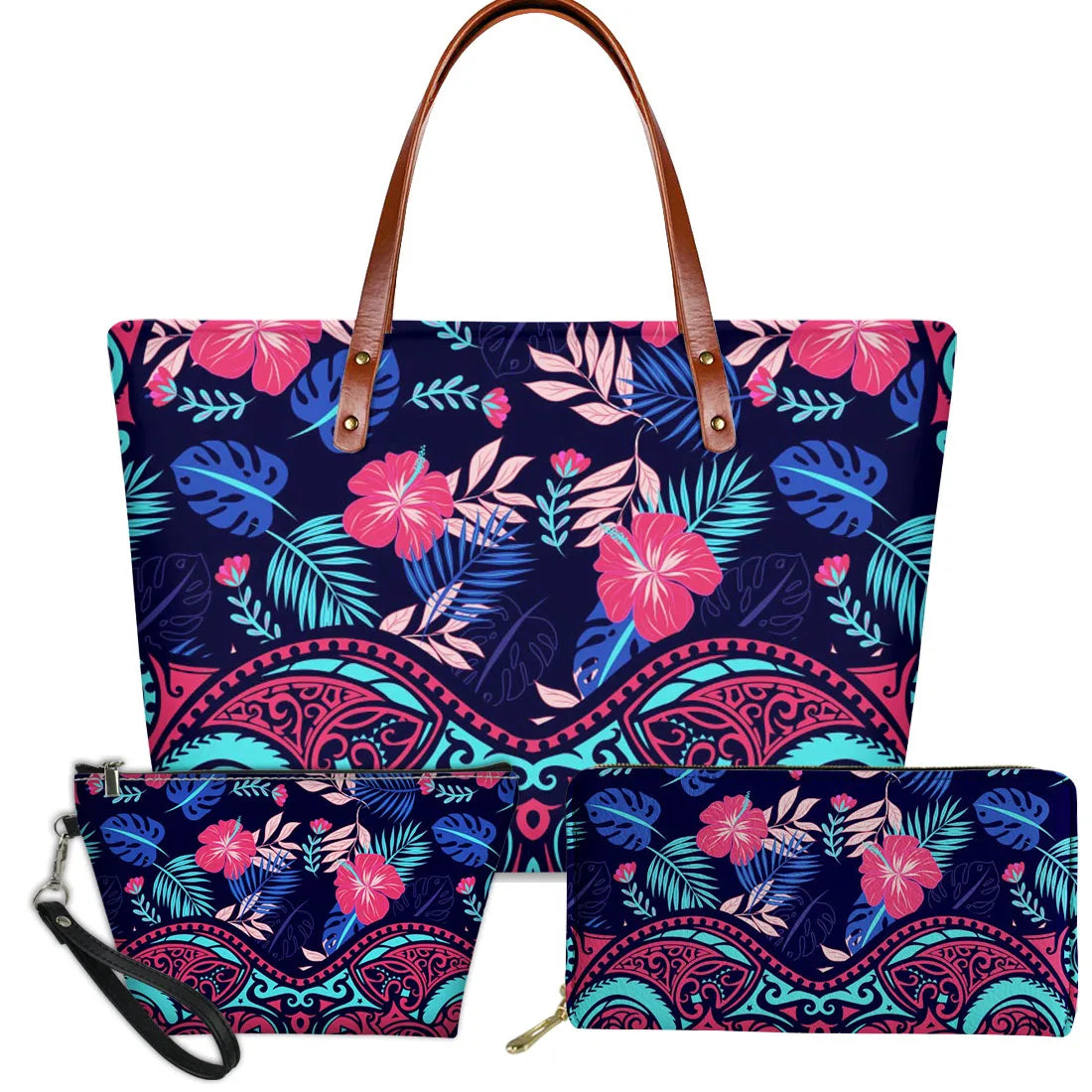 3pc Polynesian tribal turtle and hibiscus floral handbag set in navy blue with brown leather handles.