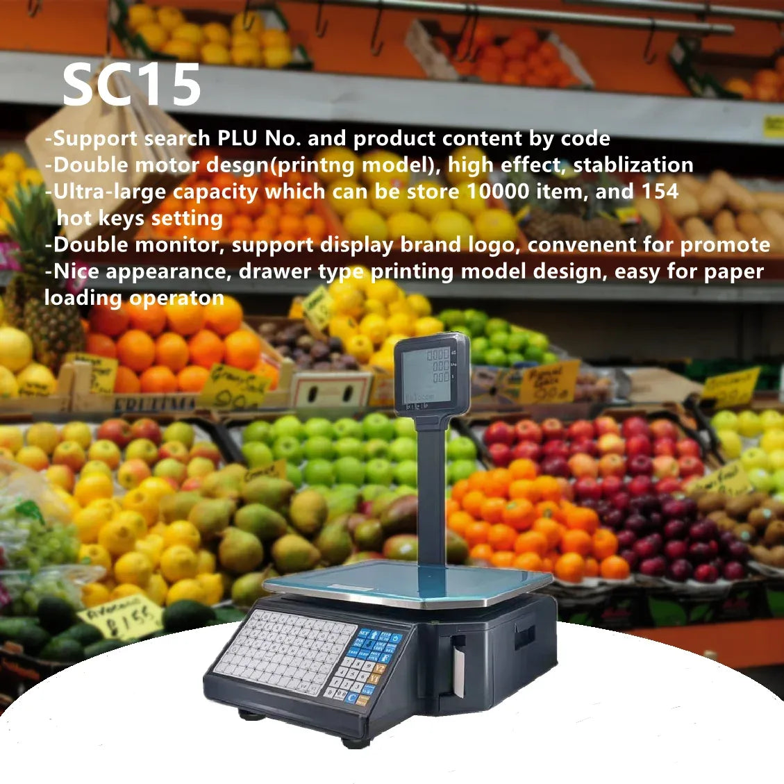 Barcode label weighing scale on stand with LCD display and keypad, black