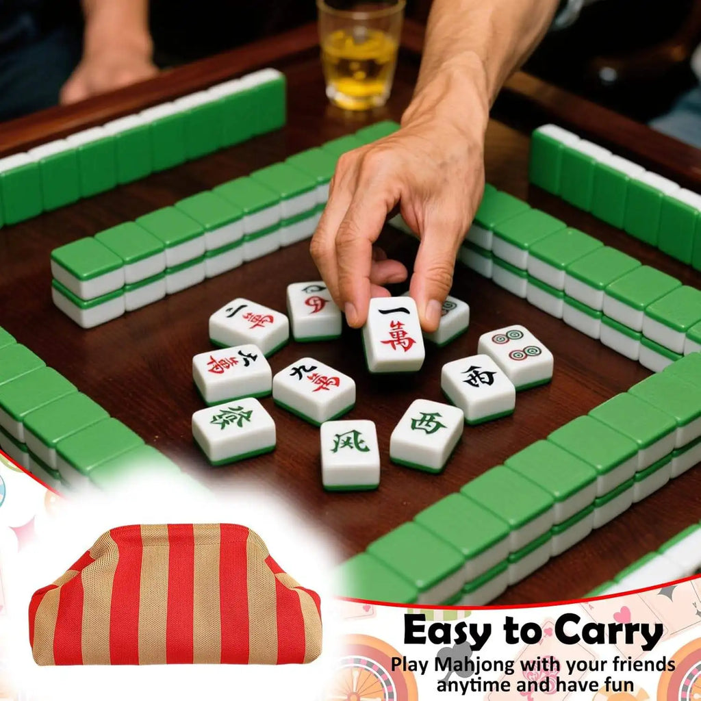 Red and tan striped Mahjong tile trunk bag, durable fabric, portable carrying case for large Mahjong sets.