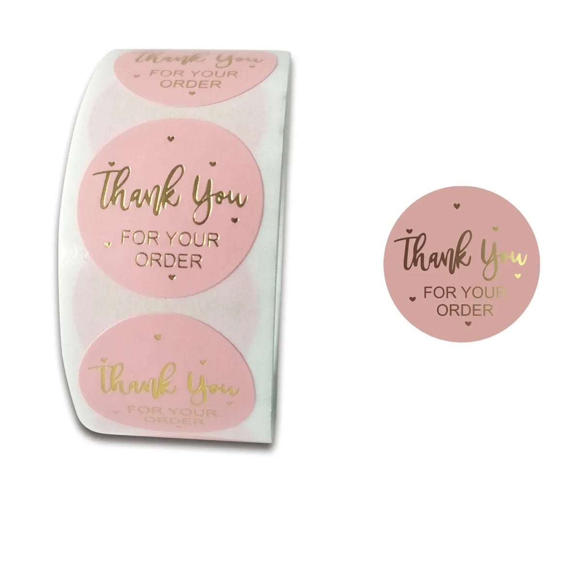 Pink thank-you stickers roll, three round “Thank you for your order” labels with hearts