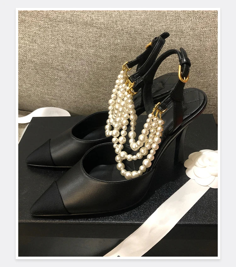 2026 Summer New Pointed High Heels Color Blocked Pearl Chain Toe Women's Sandals