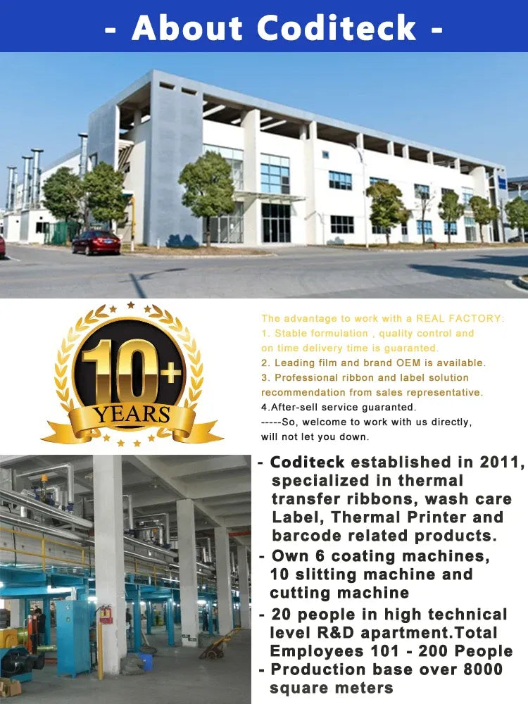 Thermal transfer ribbon company brochure page with factory building and 10+ years badge