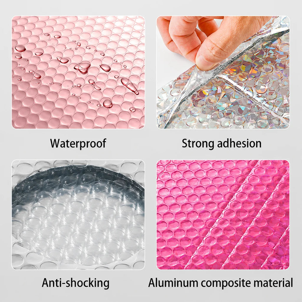 Pink and clear bubble mailer material close-ups showing bubble texture and layers