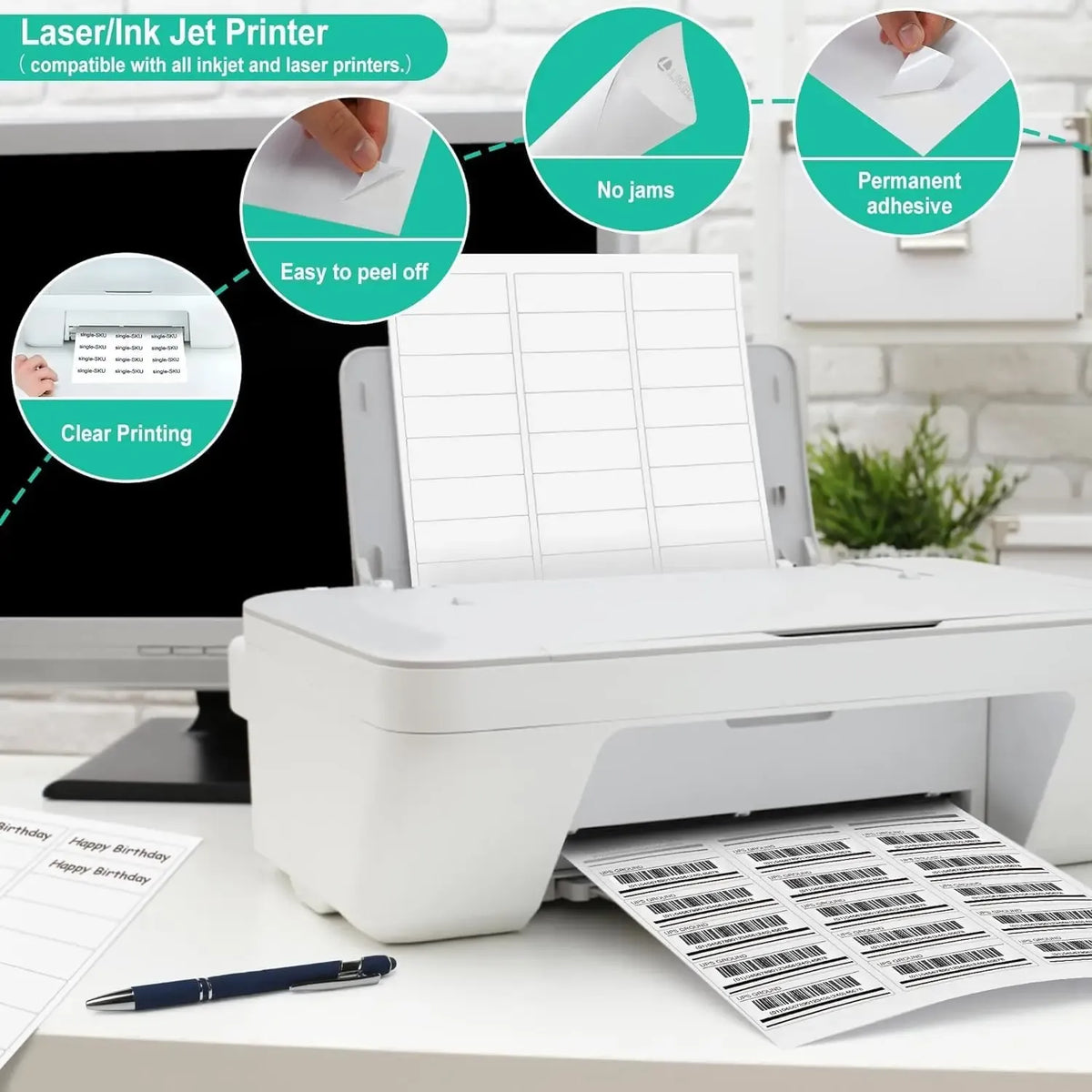 Printable address label sheets beside inkjet/laser printer, blank label rectangles