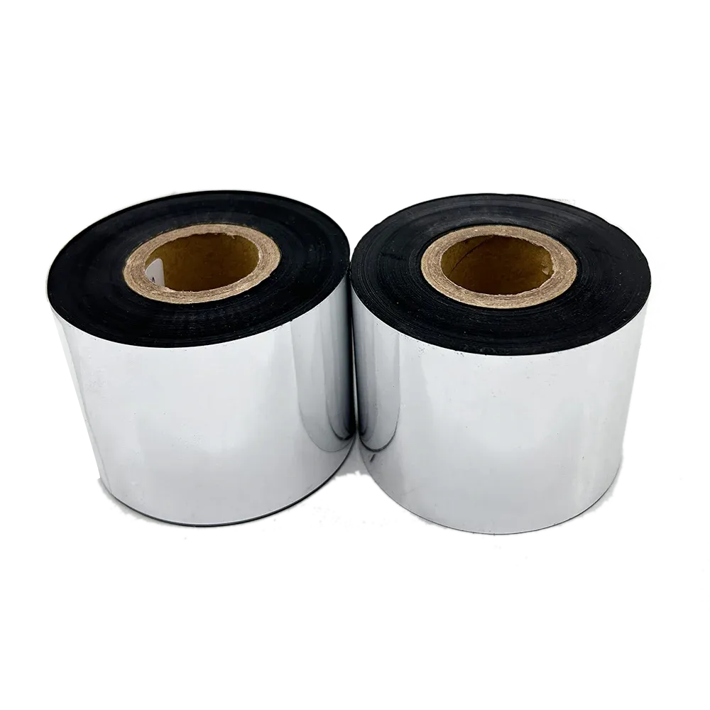 Pair of waterproof barcode label ribbon rolls with black tape and silver sides