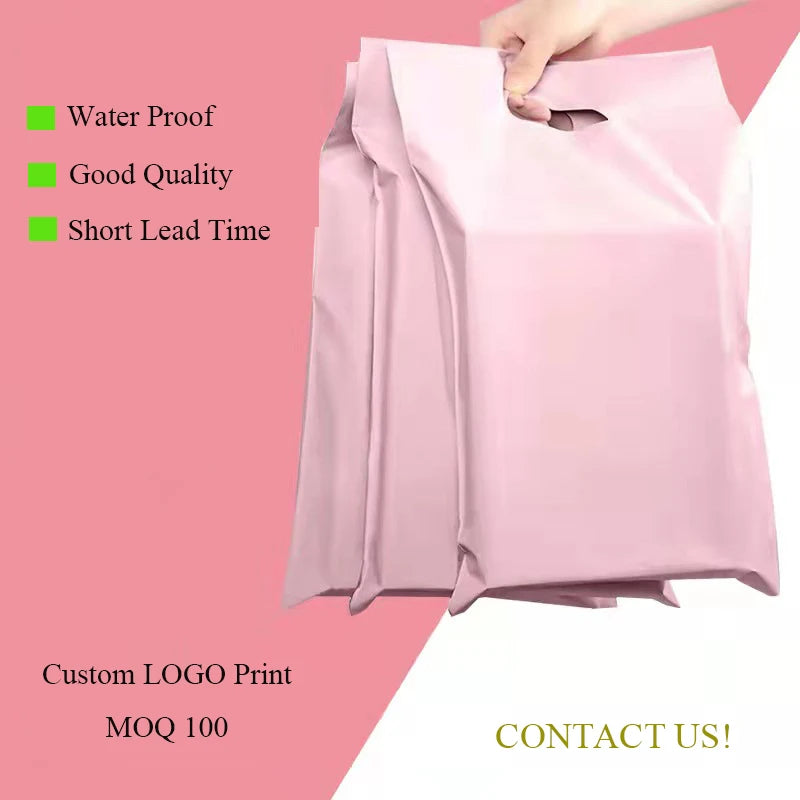 Custom Logo High Quality Express Minimalism Envelope Handle Mailing Bags with Handle Poly Square Polybag Beige Courier Packaging