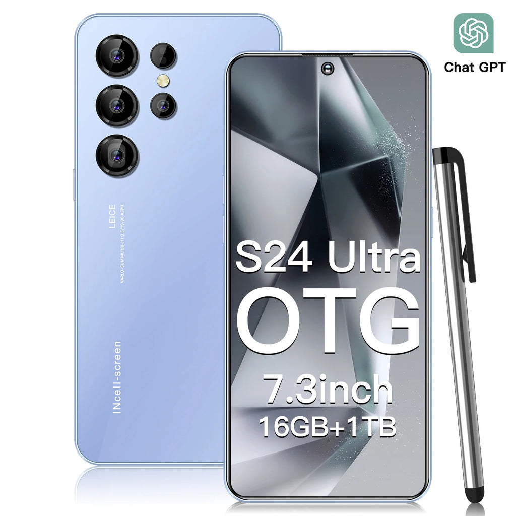 Tidesmit S24 Ultra 5G smartphone showing 7.3-inch display and 108MP camera features in sleek modern design.