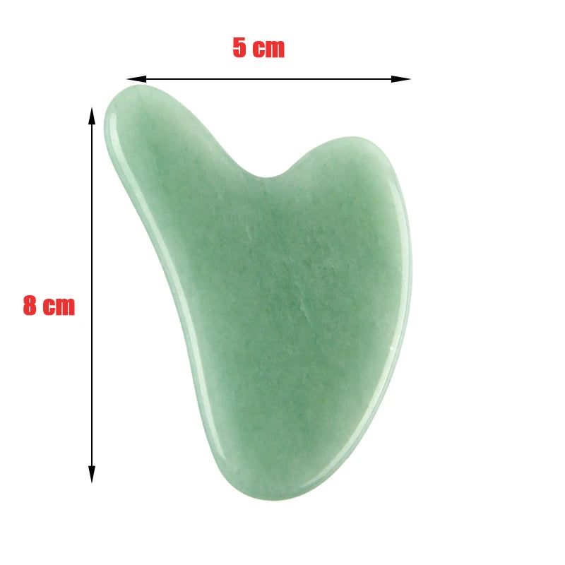 Light green jade gua sha facial massage tool with measurements indicating 8 cm height and 5 cm width.