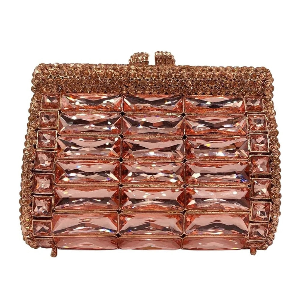 Rose gold crystal evening clutch, baguette-cut rhinestone designer handbag for wedding, luxury geometric beaded purse.