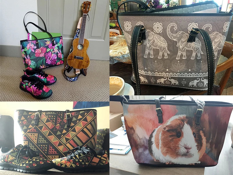 Polynesian tribal print leather tote handbags and matching wallet set featuring floral, animal, and geometric designs.