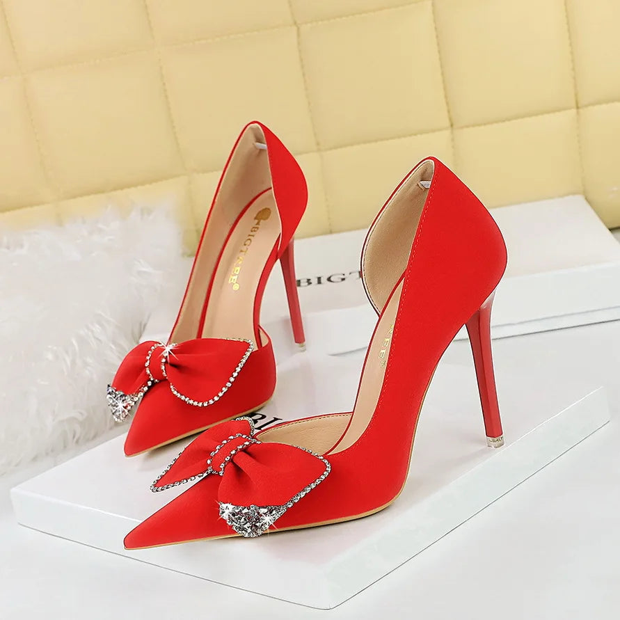 2026 New Water Crystal Bow Tie Womens Formal Solid Slip-On Thin Heels Party Professional High Heels