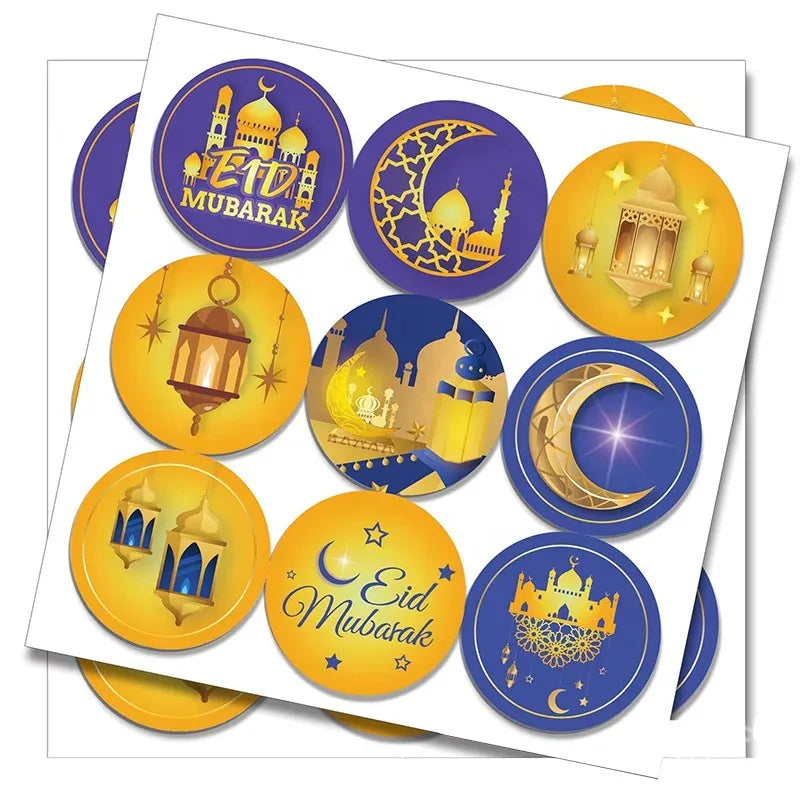 Blue and gold round Eid Mubarak stickers with lantern and mosque icons