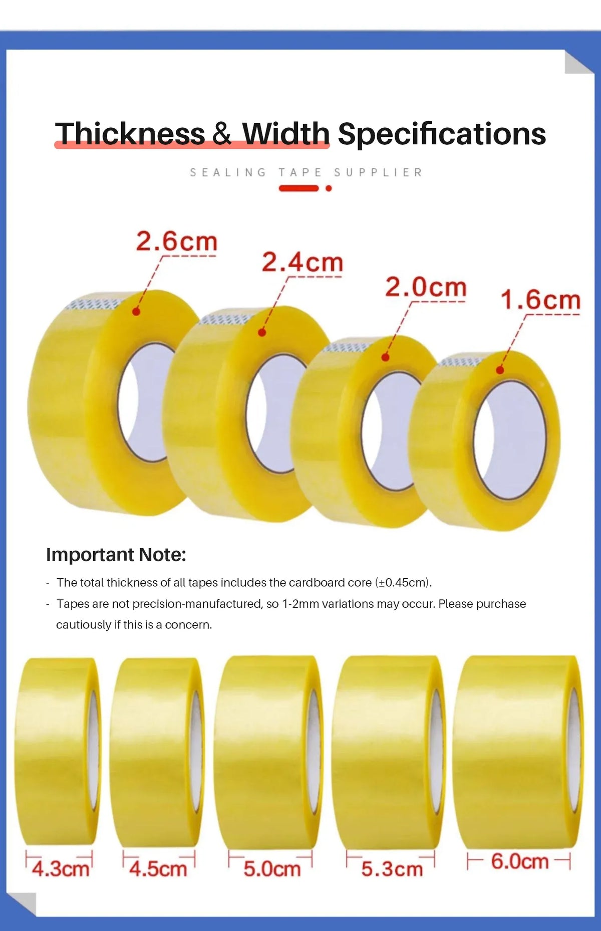 Tape thickness and width specification diagram with yellow sealing tape rolls
