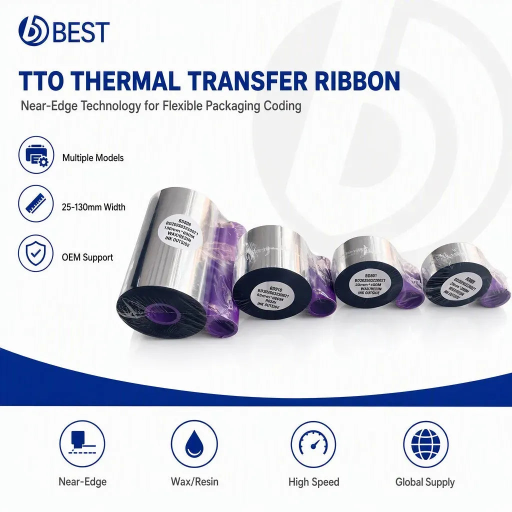 Black TTO thermal transfer ribbon rolls with purple ink core, 55mm width, 600m length