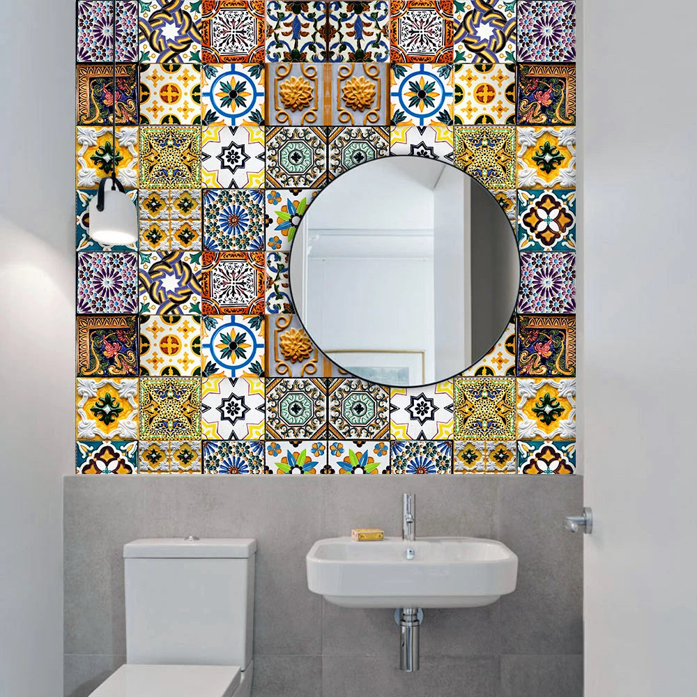 16pcs Retro Moroccan Style Tiles Kitchen Oil-poof & Waterproof Sticker Cupboard Bathroom Home Renovation Peel & Stick Wallpaper
