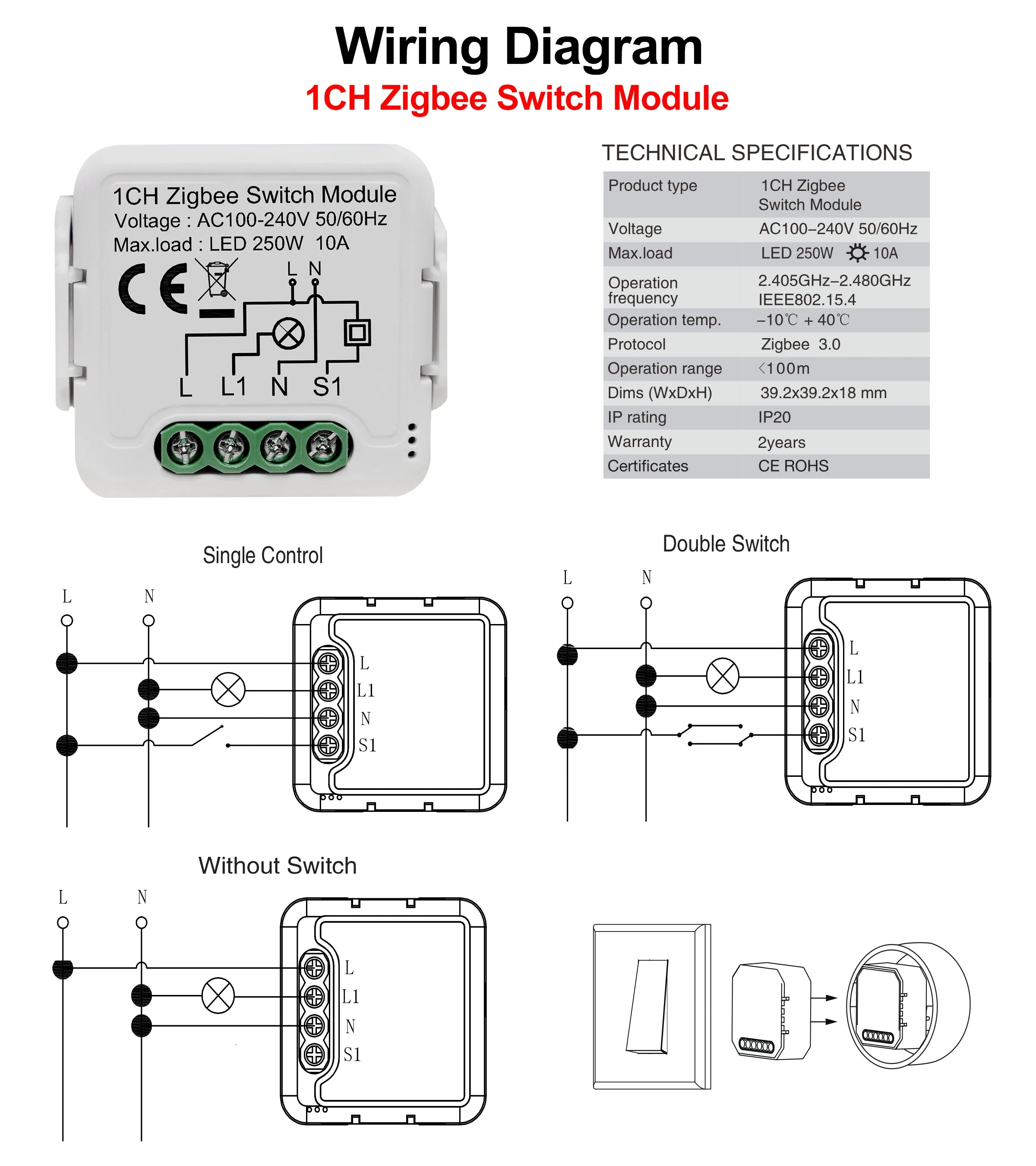 GIRIER Tuya ZigBee 3.0 Switch Module 10A Smart Home DIY Breaker 1 2 3 4 Gang Supports 2 Way Control Works with Alexa Google Home