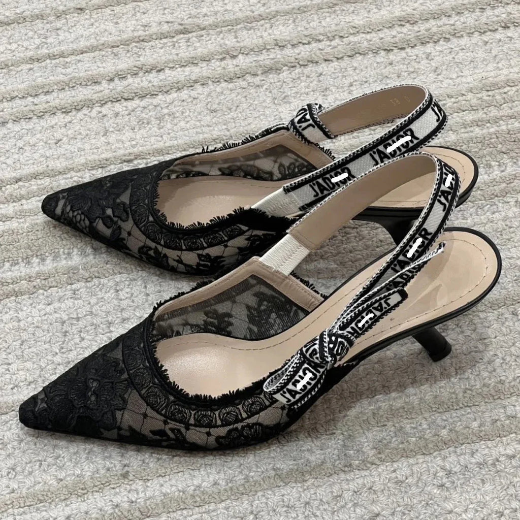 Women Shoes Sexy Stiletto Pointed Toe Transparent Mesh Embroidery Heels, Elastic Strap Evening Footwear for Club Party Occasions
