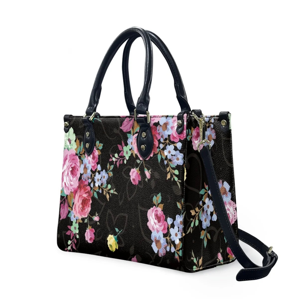 Luxury leather shoulder bag featuring black Polynesian tribal patterns and vibrant pink floral prints with carry handles.