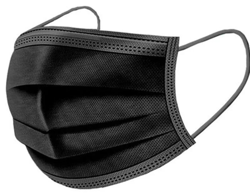 Black 3-layer disposable non-woven face mask with meltblown cloth, pleated texture, and elastic ear loops.