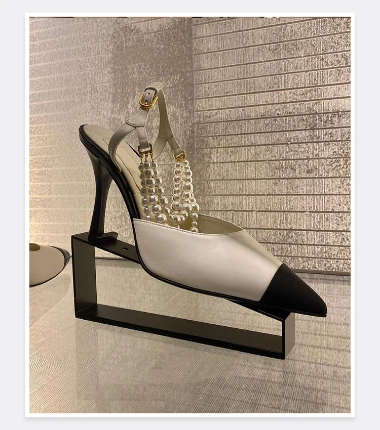 2026 Summer New Pointed High Heels Color Blocked Pearl Chain Toe Women's Sandals