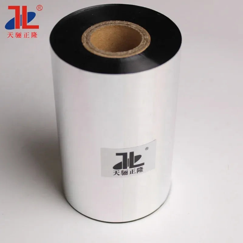 Thermal transfer ribbon roll with black outer edge and white film, top view