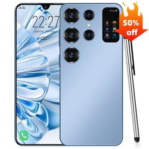 Light blue 5G Android smartphone with quad rear cameras and large front display.