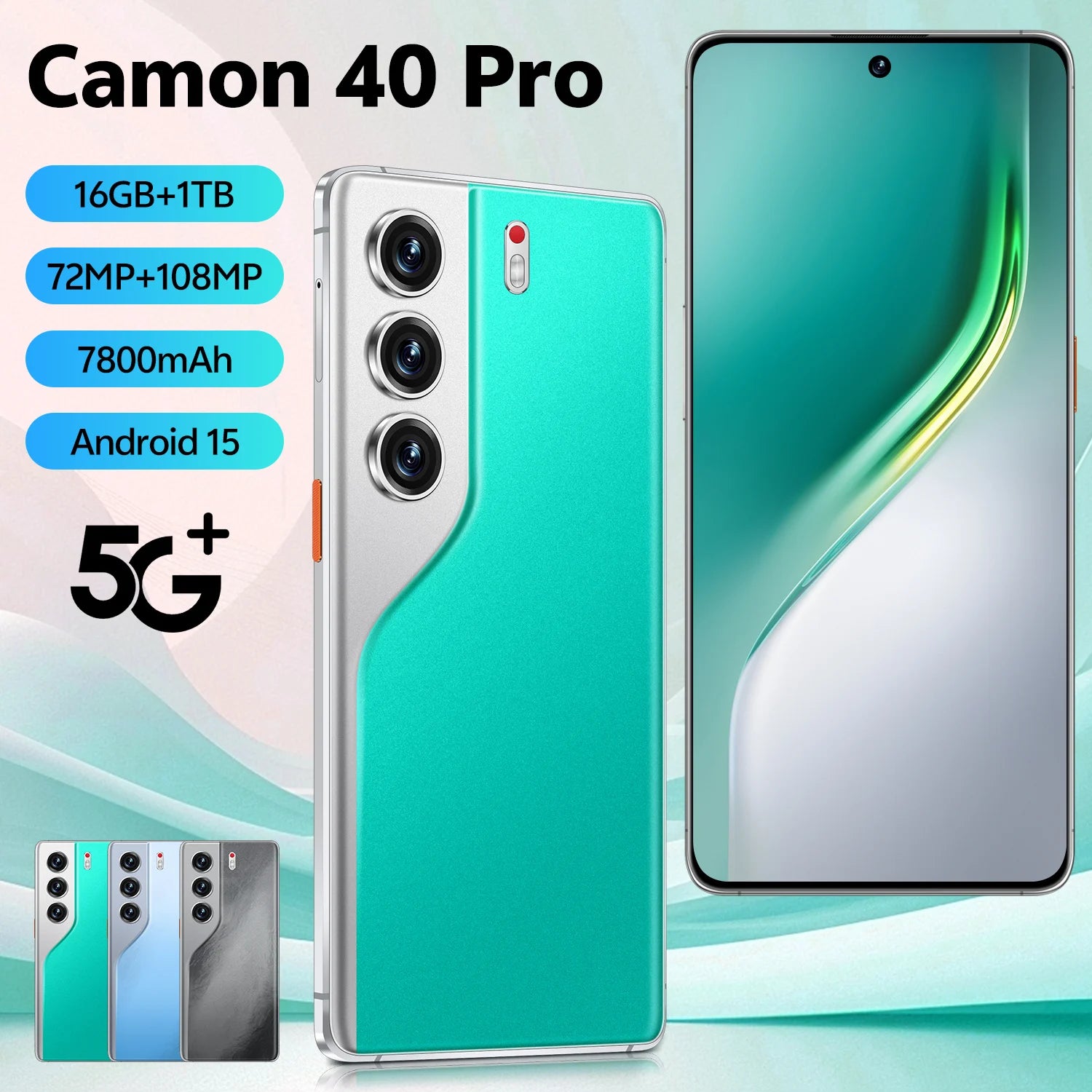 Camon 40 Pro 5G smartphone with 16GB RAM and 1TB storage showing side profile view in gallery position 3