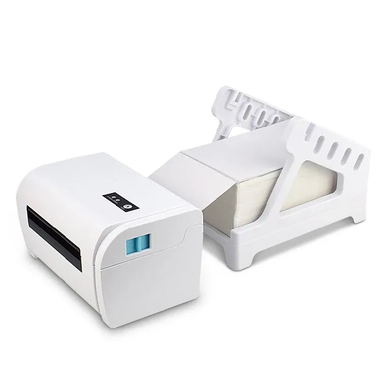 Fanfold thermal label roll feeding from a desktop label printer
