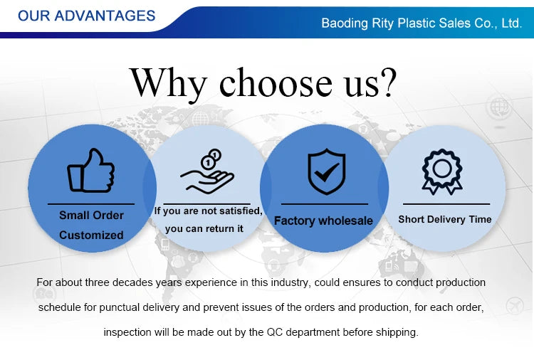 Packaging advantages graphic with four icons and 'Why choose us?' header
