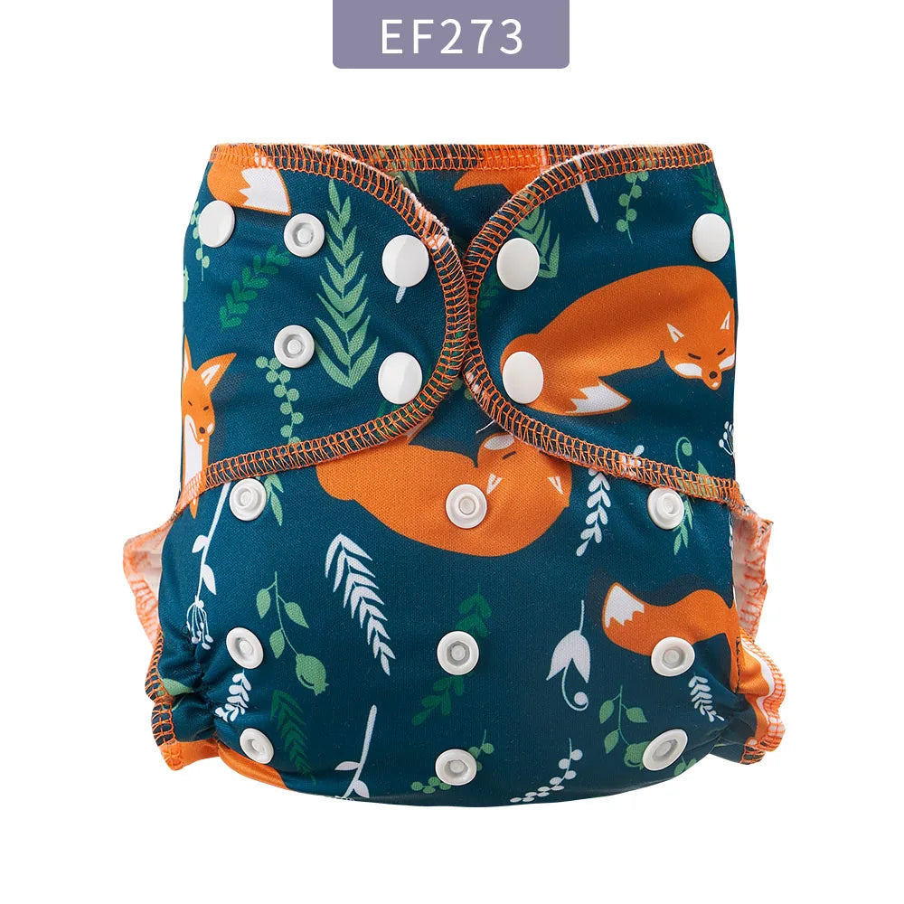 Reusable baby cloth diaper in a teal forest fox pattern with adjustable snap buttons for a custom fit.