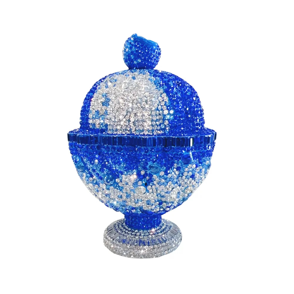 Blue crystal ice cream cup clutch handbag with sparkling rhinestone detailing, perfect for luxury evening events.