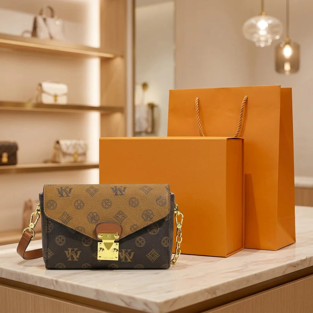 Brown monogram leather envelope crossbody bag with gold hardware and chain strap, displayed with gift box and bag.
