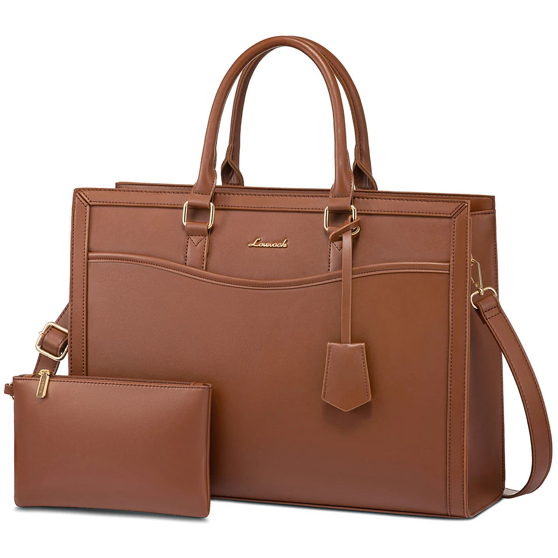 LOVEVOOK brown designer laptop tote bag for women, structured faux leather work handbag with matching pouch.