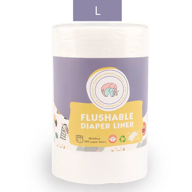 Elinfant flushable baby diaper liners, large size, 100 count roll with cute animal design for easy cleanup.