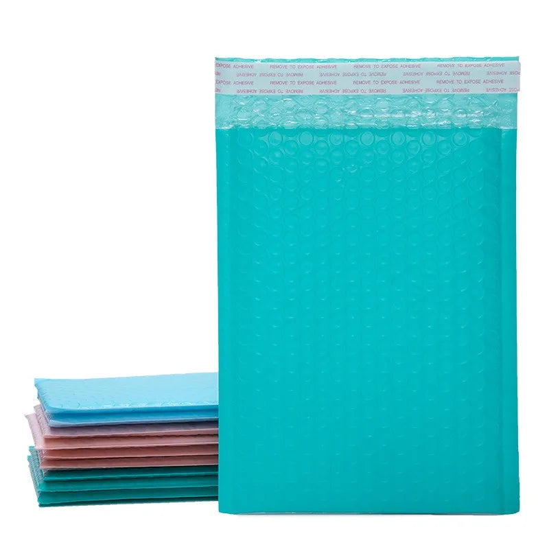 Blue-green bubble mailer bag with reclosable self-seal flap, textured protective padding