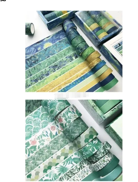 Washi tape set with green-and-blue floral and leaf patterns on mixed-width rolls