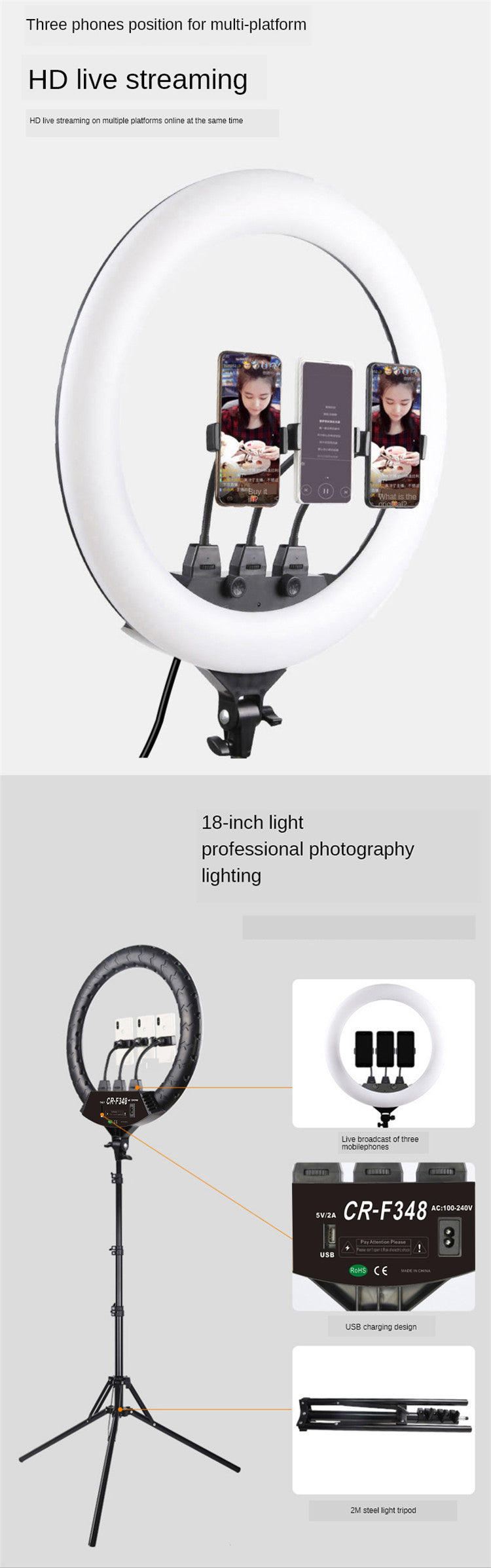18-inch LED ring light on a tripod, featuring three phone mounts for simultaneous multi-platform live streaming.