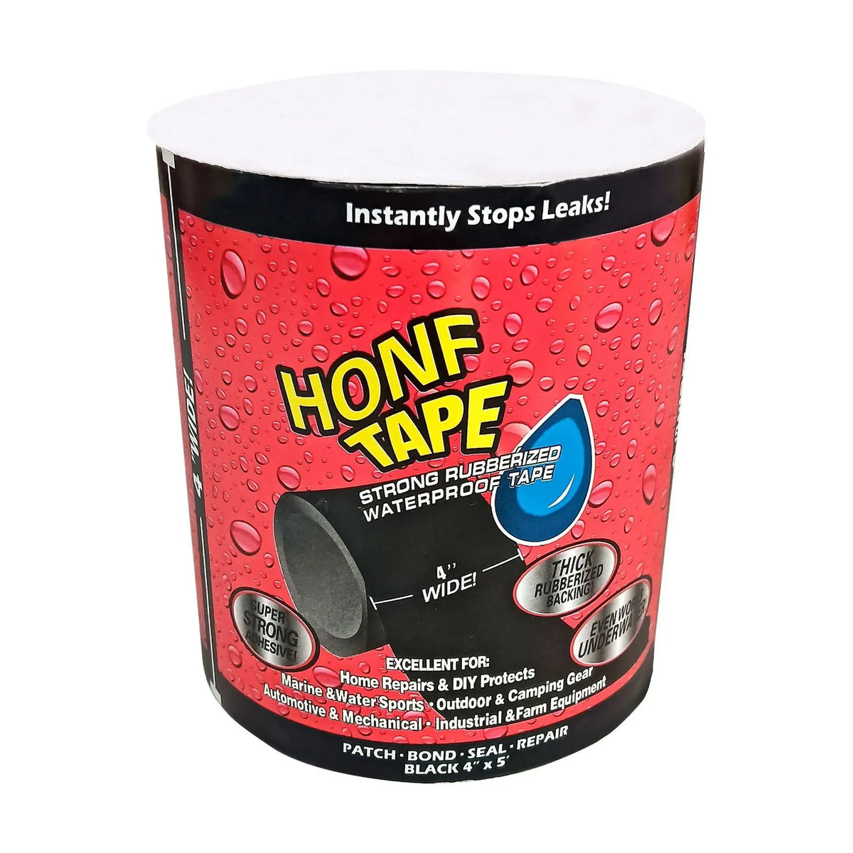 Red waterproof patch tape roll with printed label and leak-stopping text