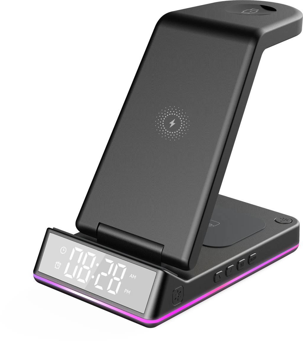 2024 Year Multifunctional Portable Phone Charger ABS LED Clock Universal Hot Multicolor Smart Alarm 10W 1.5A Black Wireless Tidesmit