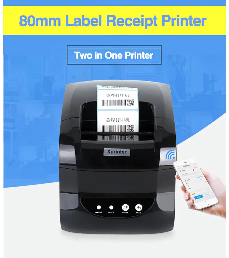 Black 80mm thermal label and receipt printer with phone near front panel