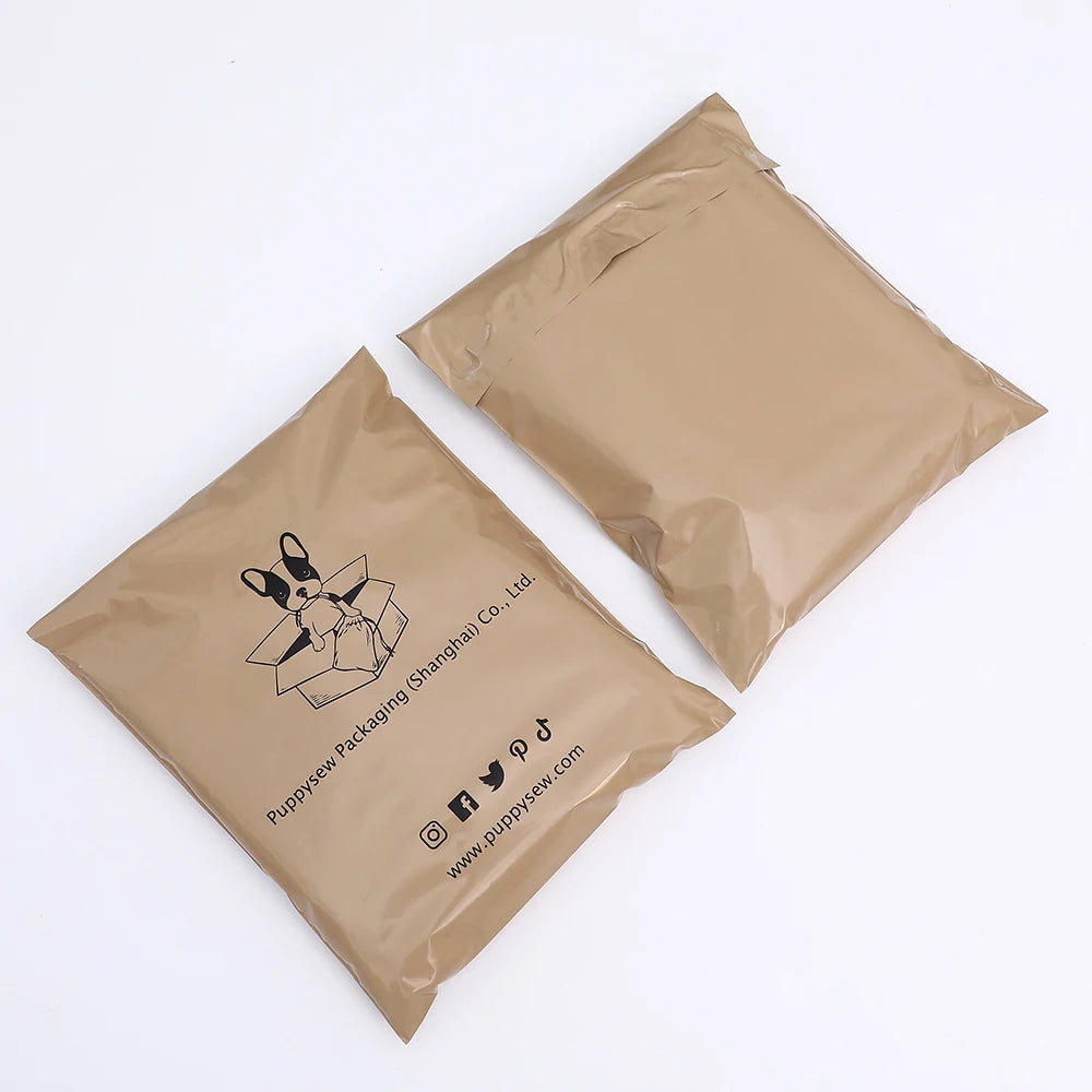 Brown poly mailer shipping bags, two shown, both with printed logo