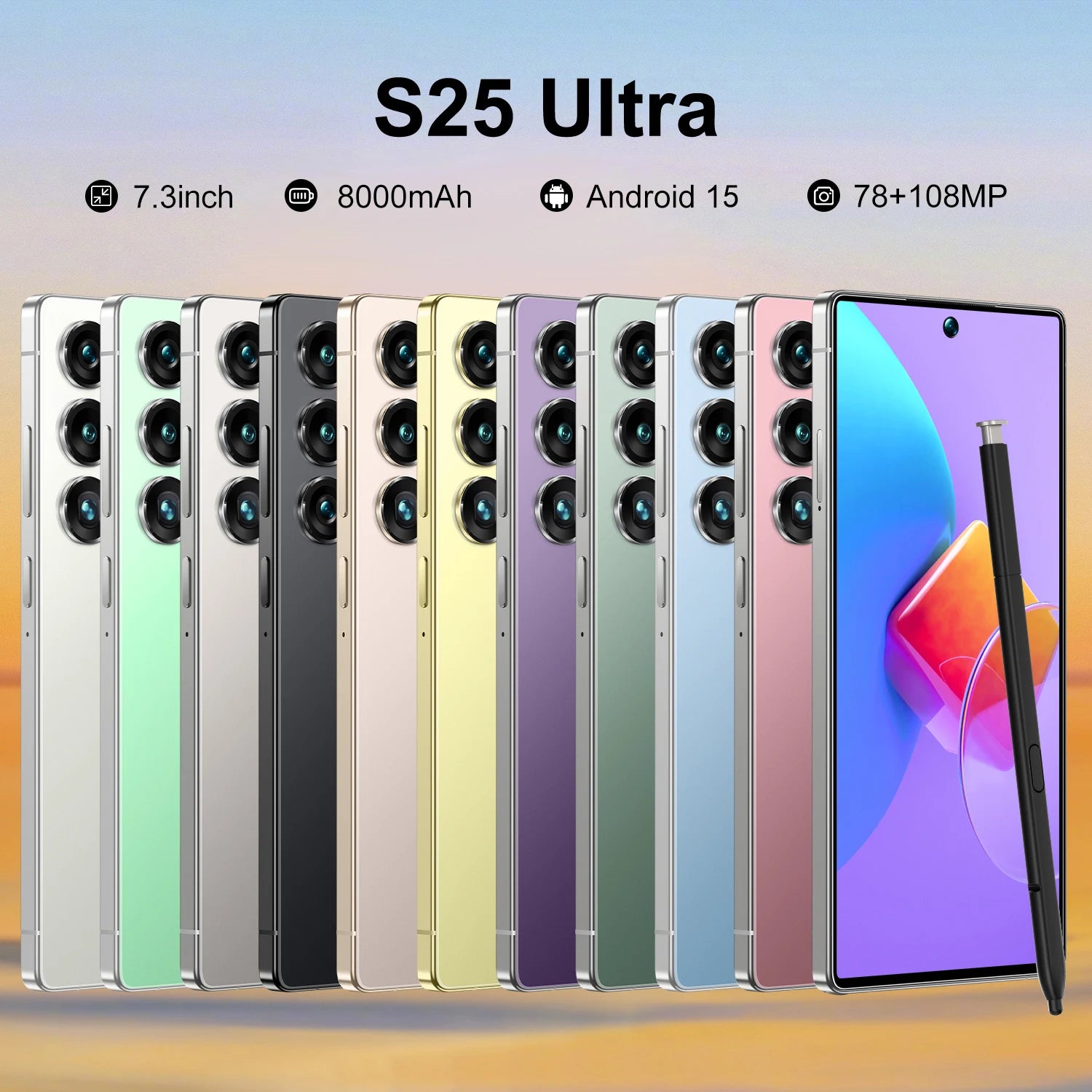 S25 Ultra 5G smartphone with 22GB RAM, 2TB storage, 7.3 inch 144Hz display, and 108MP camera, rear angle view