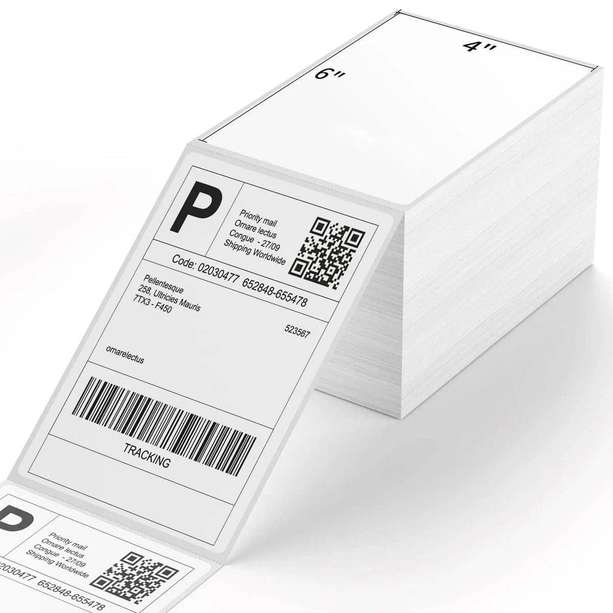 Stack of 4x6 white perforated direct thermal shipping labels, bar code and QR