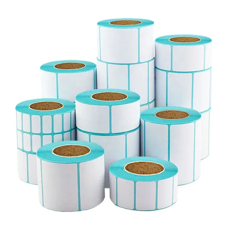 Thermal label rolls bundle, white rectangles with teal border grid layout