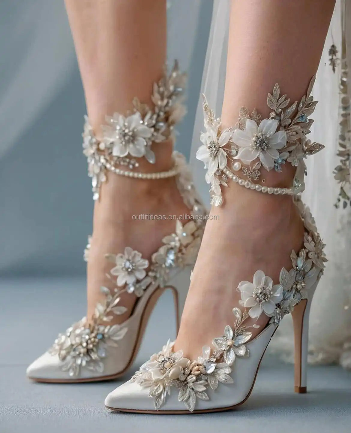 Paradise Elegant Sexy White Rhinestones Heel Flowers Ankle Wrap Tie up Crystal Strap Shoes Sparkly Stiletto Prom Wedding Sandals
