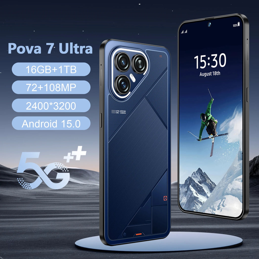 Tidesmit Pova7 Ultra 5G smartphone 7.3 inch display with 108MP lens and 1TB storage in sleek premium design