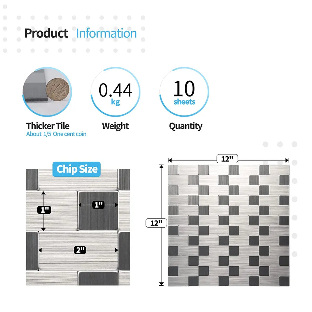 Art3d 1 PCS Peel and Stick Backsplash Tiles Self adhesive Stainless Steel Kitchen Silver Brushed Metallic Mosaic 30x30cm